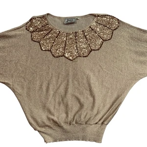 Vintage 80s Gold Metallic Disco Sparkle Beaded Dolman Sleeve Joyce Top L - Picture 1 of 5