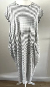 Made In Italy Size 14 16 Grey White Striped Balloon Dress Stretch Jersey Pockets - Picture 1 of 11
