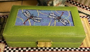 Needlepoint Dragonfly Faux Lime Green Leather Jewelry Box, Key,Some Wear ~Clean - Picture 1 of 12