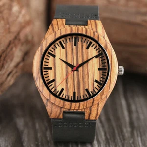 Reloj pulsera minimalista de cuarzo de bambú de madera natural para hombre correa de cuero regalo - Imagen 1 de 8