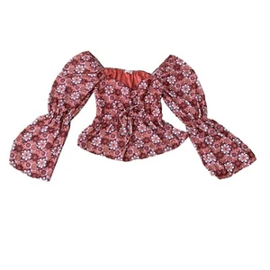 Peach Love California Retro Women's Brown Pink Floral Peplum Blouse Top Size M - Picture 1 of 11