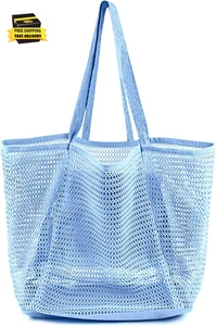 Beach Bags for Women, Foldable Mesh Tote Bag with Mini Pocke, Womens Shoulder Ba - Picture 1 of 7