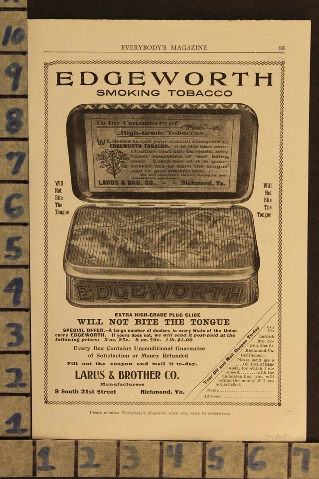 EDGEWORTH TABACO HUMO RICHMOND VA 1905 ANUNCIO DE ARTE VINTAGE ZF50 Foto 1 de 1