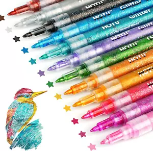 Glitter Markers Pen,12 Glitter Colors Paint Pens Sparkly Metallic Shimmer Acryli - Picture 1 of 12
