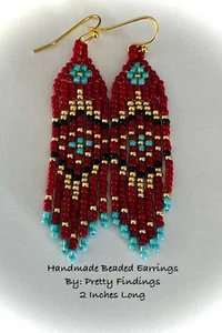 Unique Southwestern Design Handmade Beaded Earrings - 2 Inch - Ready to Ship - Picture 1 of 2
