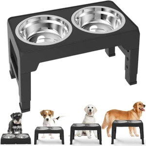 Adjustable Elevated Stand Double Dog Cat Bowls Raised Food &Water Feeding Dishes - Picture 1 of 12