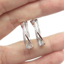 925 Sterling Silver 2-Tone Real 2 Ct Round White Diamond Crossover Hoop Earrings