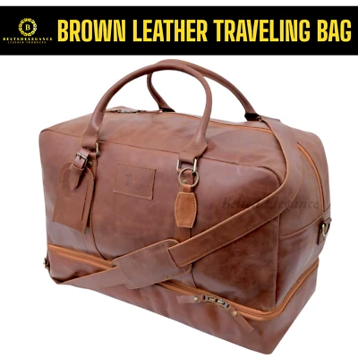 Brown Leather Duffle HandBag Travel Luggage Gym Weekend Unisex Vintage Genuine . - Image 1 of 4