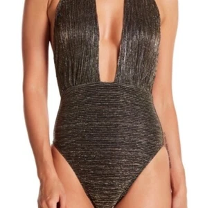 Traje de baño La Blanca dorado brillante metálico halter de una pieza talla 10 nuevo con etiquetas - Imagen 1 de 14