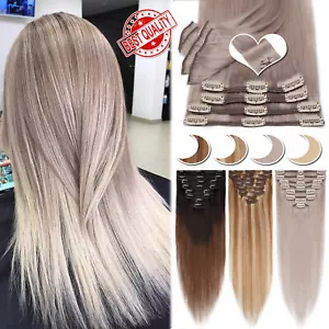CLEARANCE 100% Real Human Hair Extensions Clip In Remy Hair Weave Full Head GREY - Picture 1 of 56