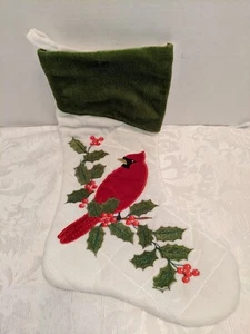 17" Weihnachtsstrumpf rot Kardinal Stechpalme Zweig 3D Stich Samt - Bild 1 von 3