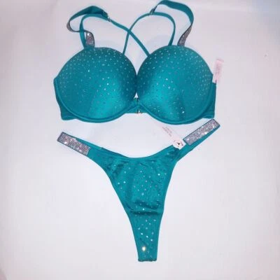Bikini de natación Victoria Secret 34DD Top pequeño tanga inferior verde azulado bomba brillo Str Foto 1 de 4