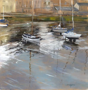ELAINE MARSTON ORIGINAL "Striking Light Penzance" Cornwall yachts OIL PAINTING - Picture 1 of 3