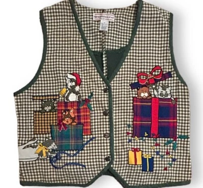 Chaleco de Navidad Westbound CAT DE COLECCIÓN Verde Cuadros Bordado Corbata TALLA 1X Foto 1 de 4