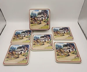 Metal Tin with 5 Metal & Cork Coasters, Thatched Cottage, 3.5 inches square - Picture 1 of 13