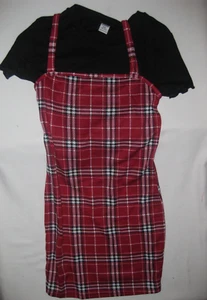 Shein girls 10-11yrs kawaii red plaid overall dress & black crop tee set nip 80s - Picture 1 of 4