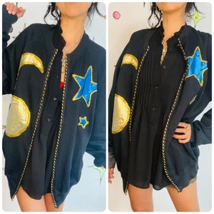 Vintage 80s Black Embellished Celestial Witchy Stars Moons Sweater L XL - Bild 1 von 12