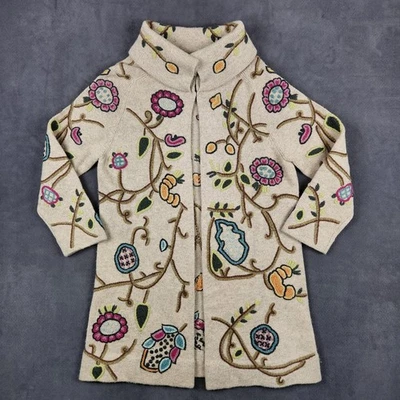Abrigo Suéter Jill Mujer Grande Beige Bordado Floral Lana de Cordero Tejido Largo Foto 1 de 4
