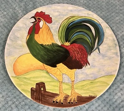 Plato de Gallo - Hermoso Colorido Pintado a Mano Artista Firmado - 13 pulgadas Foto 1 de 2
