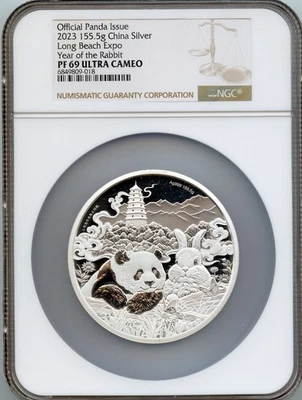 China 2023 Long Beach 5oz Silver Panda Year of the RABBIT NGC PROOF 69 with COA - Image 1 of 3