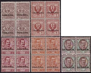 ERITREA 1903 - n. 19/20+22/3 +28 BLOCCHI INTEGRI € 710 - Foto 1 di 1