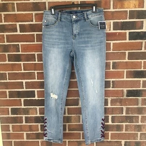 Kaari Blue Girlfriend Ankle Jeans Lace Up Distressed NWT Ladies Size 4 Med Wash - Picture 1 of 5