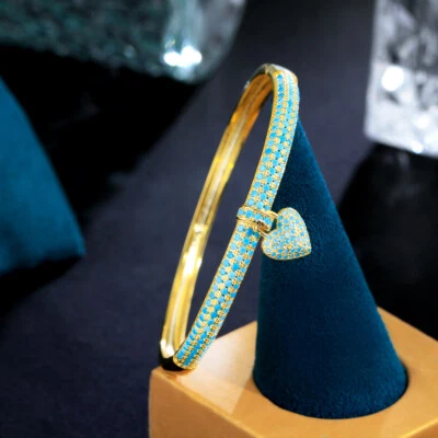 Brazalete brazalete brazalete chapado en oro azul turquesa corazón joyería nupcial Foto 1 de 4