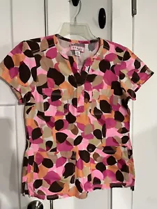 Koi Women X-Small Scrub Top/Geometric Print Leaves, Brown, Pink, Orange 19x23.75 - Picture 1 of 6