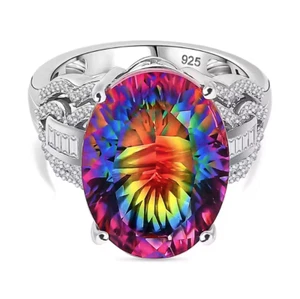 Nebula Quartz Doublet & Zircon Ring in Rhodium Over Sterling Silver 9.57 Ct. - K - Picture 1 of 7