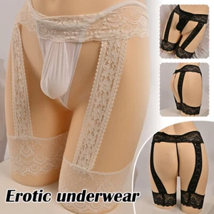 Herren Sexy Sissy Spitze durchsichtig ultradünn Beutel Tanga Unterwäsche mit Riemen schwarz/weiß - Bild 1 von 15