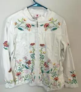 Quacker Factory Jacket White Embroidered Floral Stretch Zip Up Women Size L - Picture 1 of 6