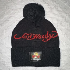 Ed Hardy Women's Black Beanie Hat Roses Tiger Tattoo Pom Pom Y2K New 🌹 - Picture 1 of 6