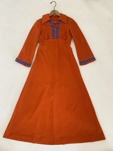 Vtg 60s XS S Maxi Dress Orange Bell Sleeve Hippie Boho A Line Floral Embroidered - Picture 1 of 10