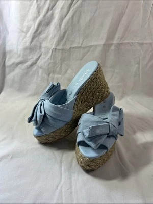 Stuart Weitzman Raffia Lt Blue Love Knot Wedge Sz 5.5B Women’s Sandals EUC - Image 1 of 4