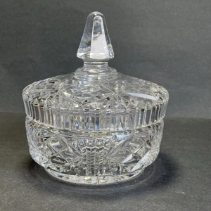 Vintage gepresste Kristall bedeckt Bonboniere mit Deckel - rund Diamantschliff Design - Bild 1 von 13