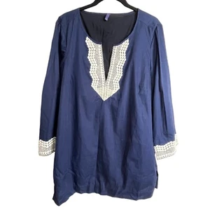 Túnica NYDJ Azul Bordada L Longline Cuello en V Boho Coastal Resortwear - Imagen 1 de 6