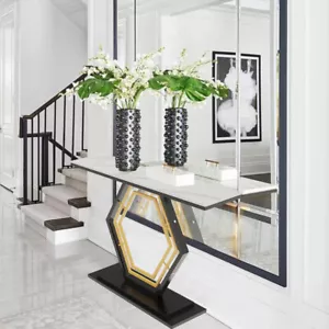 Authentic Stone Top Console Table Long Hall Table with Heavy Duty Geometric Base - Picture 1 of 17