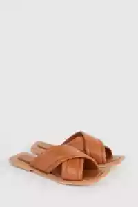 Oasis Tan Brown Leather Slip On Sliders Flat Cross Strap Sandals Slides Size 6 - Picture 1 of 4