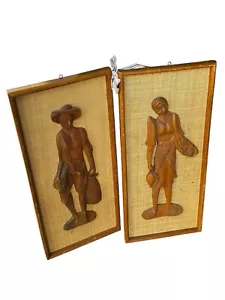 Hand Carved Wood Walnut Burlap Wall Hangings 24 in X 10 Vintage MCM 1960 To 1970 - Picture 1 of 5