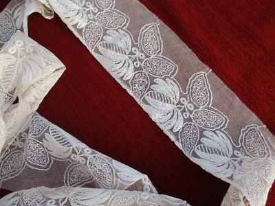 Dentelle de bordure tulle brodé ancienne 1925 2 m x 8 cm - Photo 1/4
