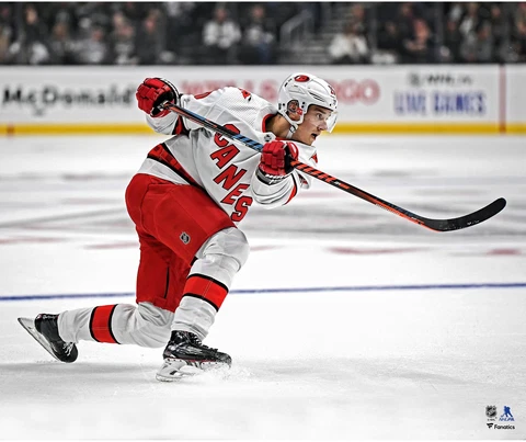 Sebastian Aho Carolina Hurricanes Unsigned White Jersey Shooting Photograph Cover