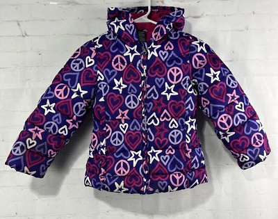 Faded Glory Girls Hearts Stars & Peace Hooded Puffer Coat Jacket XS 4-5 - Image 1 of 4
