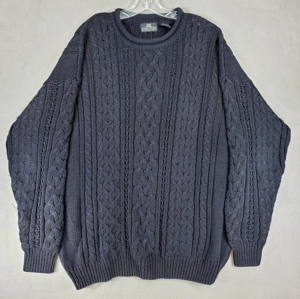 Structure Cable Knit Black Sweater Roll Neck Mens Size L Oversized Fisherman - Image 1 of 4