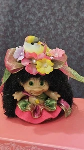 OOAK Troll Doll BELLY DANCER & PET BIRD Sparkle Black Yarn Hair, Green Eyes - Picture 1 of 7