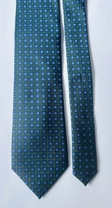 Roundtree & Yorke Silk Tie Mens Geometric Green Blue squares - Picture 1 of 4