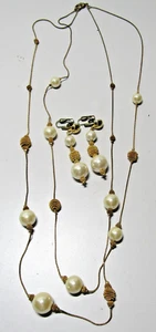 Vintage Halskette und Clip Ohrring Set 2 Strang Halskette Kunstperlen goldfarben - Bild 1 von 3