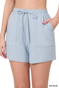 ZENANA Cotton Drawstring Waist Shorts 100% Cotton Blue Pullover - Picture 1 of 3