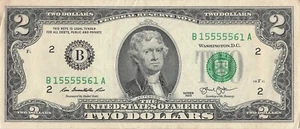 five in a row 5s trinary fancy serial number B New York district B15555561 $2 - Picture 1 of 2