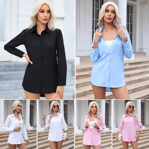 Women's Solid Color Long Sleeve Chiffon Shirt,Button Down Lapel OL Blouse Tops - Picture 1 of 28