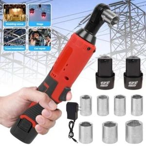 3/8'' Electric Cordless Ratchet Right Angle Wrench Impact Power Tool 2 Battery - Picture 1 of 16